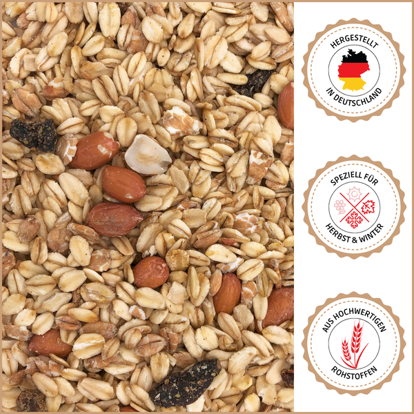 Müsli mit Haferflocken, Nüssen und Rosinen, Hergestellt in Deutschland Siegel, Speziell für Herbst und Winter Siegel, Aus hochwertigen Rohstoffen Siegel