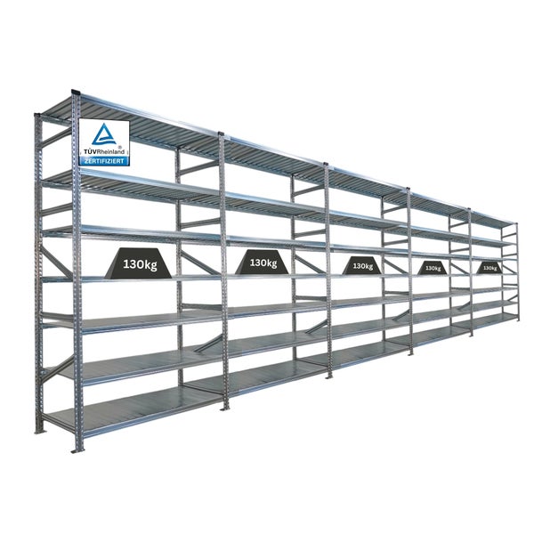 Langes, verzinktes Schwerlastregal mit TÜV Rheinland Zertifizierung und einer Traglast von 130 Kilogramm pro Regalboden