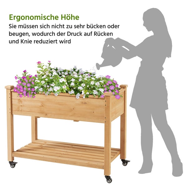 Hochbeet aus Holz mit Rädern und Pflanzen