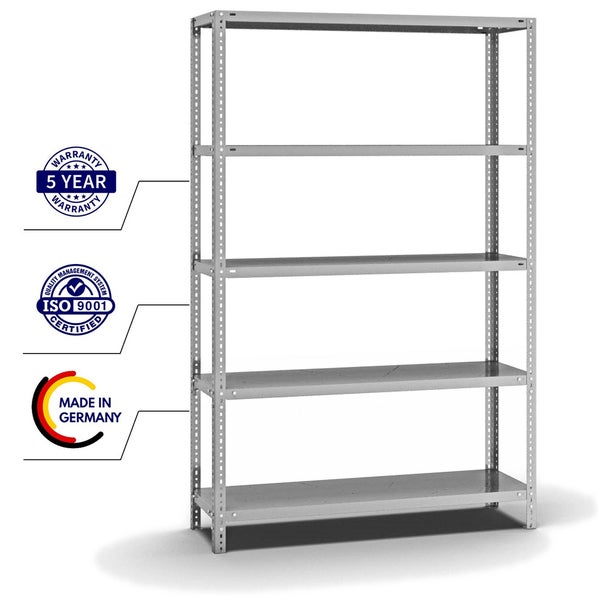 PROREGAL Fachbodenregal Schraubsystem Heavy-Duty Grundregal HxBxT 200 x 130 x 40 cm 5 Ebenen Fachlast 350 kg Beidseitig Nutzbar Verzinkt