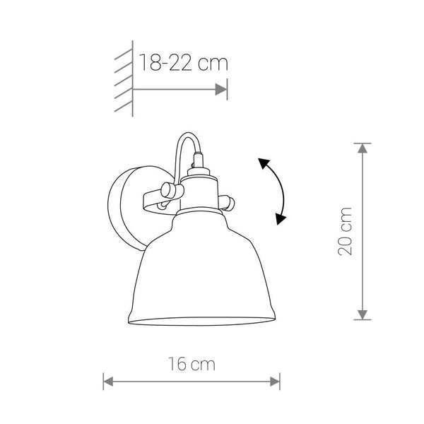 Technische Zeichnung einer Wandlampe: Höhe 20 Zentimeter, Breite 16 Zentimeter, Tiefe verstellbar von 18 bis 22 Zentimeter.