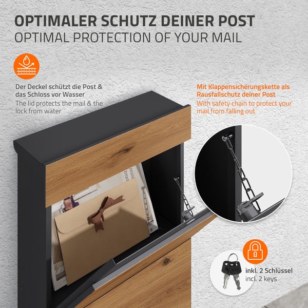 Moderner Wandbriefkasten in Anthrazit und Holzoptik, mit Wasserschutz, interner Sicherungskette und zwei Schlüsseln.