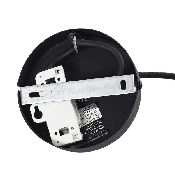 Deckenanschluss einer runden schwarzen Leuchte mit Montagebügel, Anschlussklemme und Kabel.