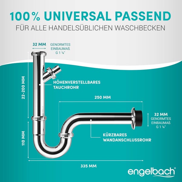 Engelbach® Siphon für Waschbecken - Extra Lang 200mm mit Geräteanschluss -  1 1/4 inkl. Gummimanschette mit Montage-Video - Schwarz