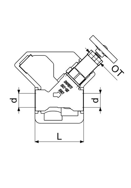 Technische Zeichnung eines Freistromventils mit Maßangaben für Länge, Durchmesser und Oberteil.