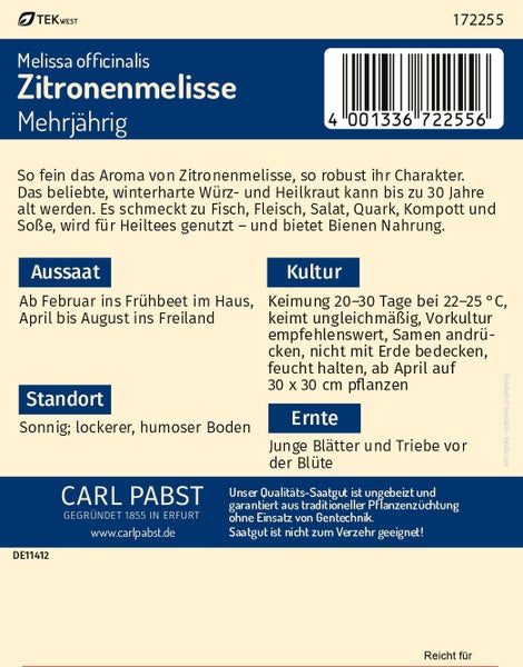 Rückseite einer Samentüte für Zitronenmelisse Melissa officinalis von Carl Pabst mit Informationen zu Aussaat, Kultur, Standort und Ernte.