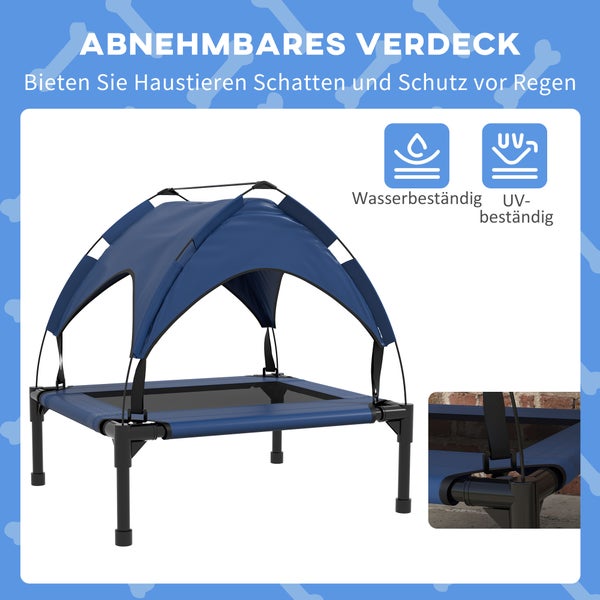 PawHut Erhöhtes Hundebett mit Baldachin, Haustierbett, Outdoor Hundeliege mit Dach, Atmungsaktiv, für kleine und mittelgroße Hunde Dunkelblau Oxford 76 x 61 x 69,5 cm