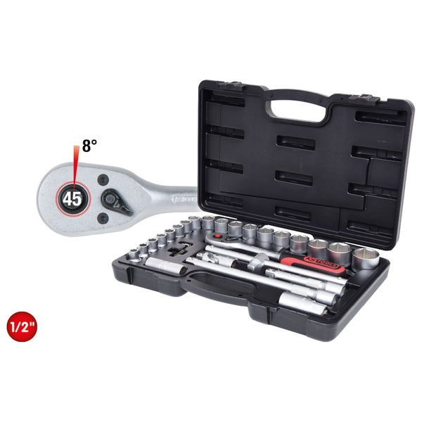 Steckschlüsselsatz mit Knarre und verschiedenen Aufsätzen im schwarzen Kunststoffkoffer