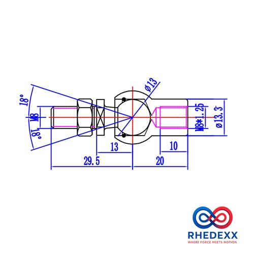 Technische Zeichnung eines Winkelgelenks für Gasdruckfedern mit Maßangaben in Millimeter und RHEDEXX Logo.