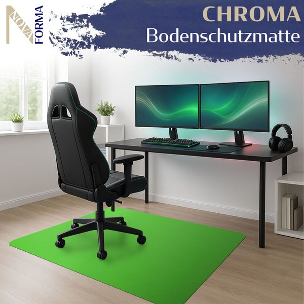 Szene mit Schreibtisch, zwei Monitoren, Gaming-Stuhl und Chroma Bodenschutzmatte