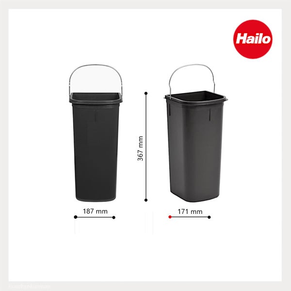 Grauer Hailo Abfalleimer aus Kunststoff mit Metallbügel, Höhe 367 Millimeter, Breite 187 Millimeter, Tiefe 171 Millimeter. Hailo Logo.