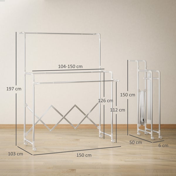 Ausziehbarer Wäscheständer auf Rollen mit Maßen. Offen: 197 mal 150 mal 103 Zentimeter. Zusammengeklappt: 150 mal 50 mal 6 Zentimeter.