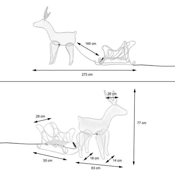 ECD Germany LED Deko Rentier mit Schlitten, 504 LEDs, aus PVC Schlauch, 273x77 cm, Warmweiß, Innen/Außen, Weihnachten Dekoration Figur Beleuchtet Lichtschlauch Weihnachtsbeleuchtung Leuchtfigur