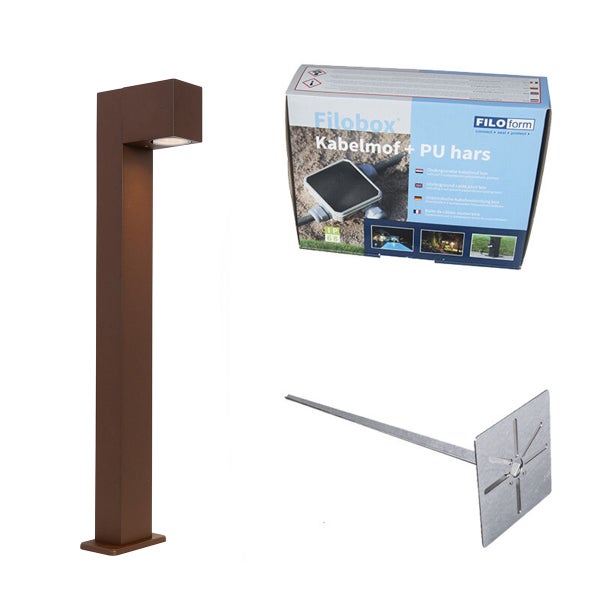 Set bestehend aus einer braunen Außenstehleuchte, einer Filobox Kabelmuffe mit Polyurethan-Gießharz und einem Erdspieß aus Metall.