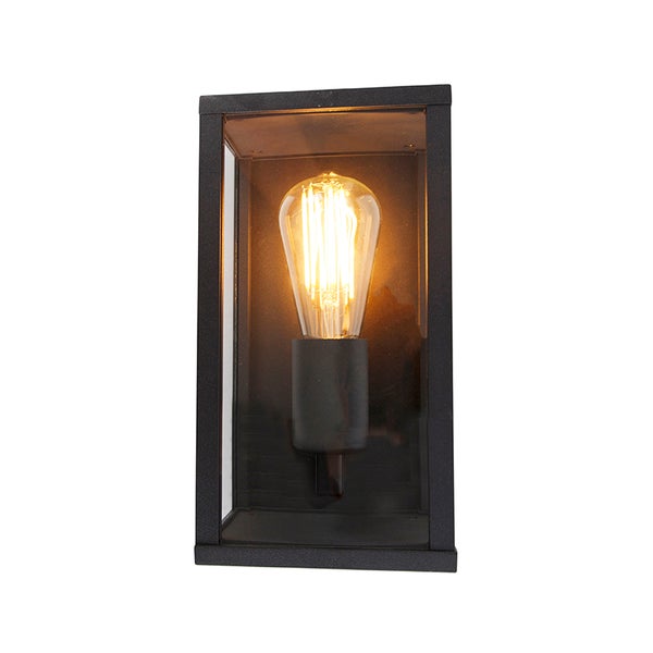 Rechteckige Außenwandleuchte aus schwarzem Metall und Glas mit leuchtendem Filament-Leuchtmittel.