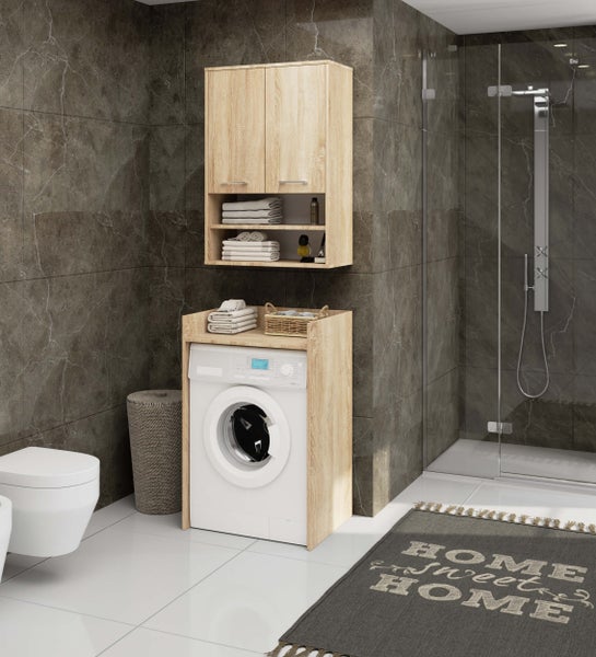 Badezimmer mit Waschmaschine, Holzschrank und Dusche