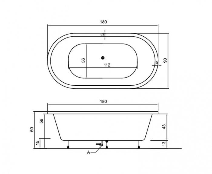 Technische Zeichnung einer freistehenden Badewanne mit Maßangaben