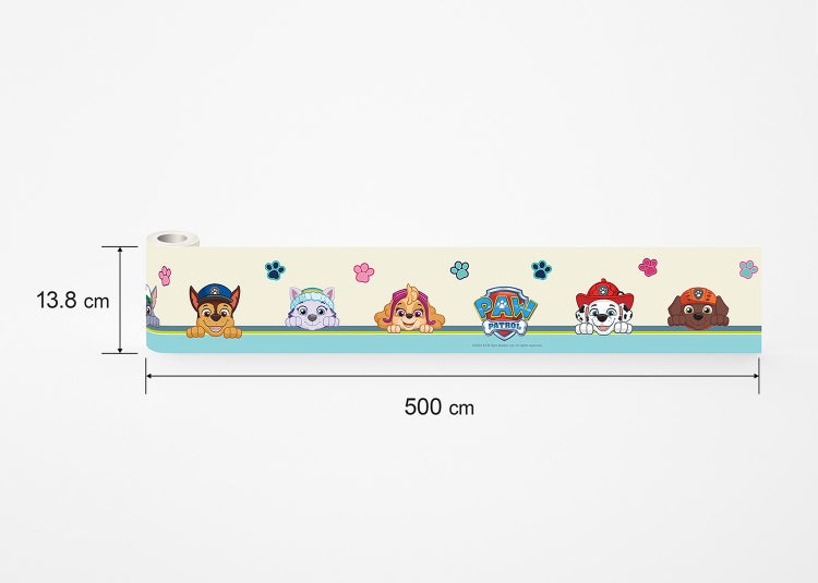 Wandbordüre PAW Patrol mit verschiedenen Hunden und PAW Patrol Logo, Maße 13,8 Zentimeter mal 500 Zentimeter.