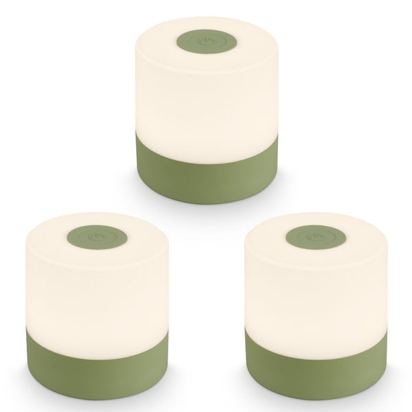 Dreier-Set kleine zylindrische LED-Tischleuchten mit grünem Sockel, weißem Schirm und obenliegendem Einschaltknopf.