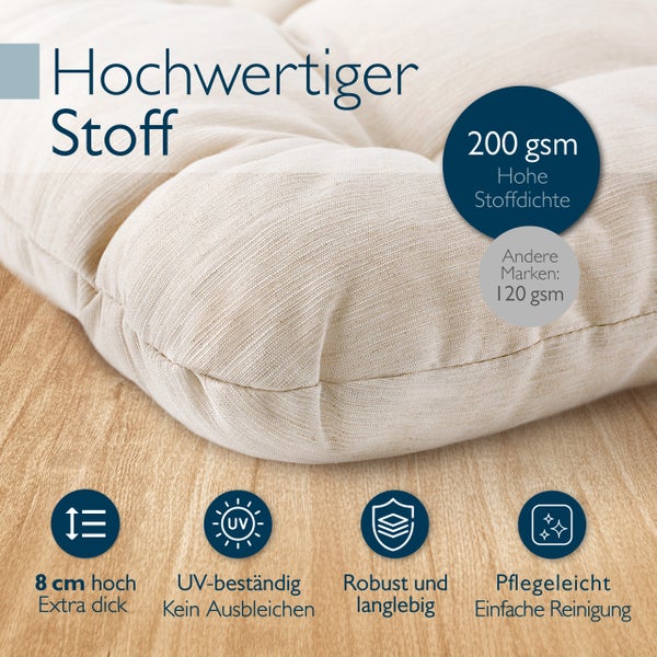 Nahaufnahme von einem 8 cm hohen, extra dicken Stoffkissen mit 200 gsm Stoffdichte, UV-beständig, robust, langlebig und pflegeleicht