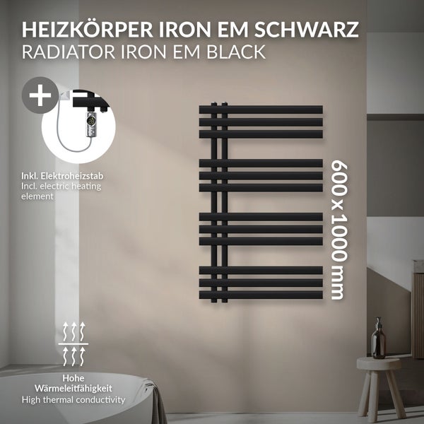 LuxeBath Elektrischer Badheizkörper Iron EM 600 x 1000 mm Schwarz matt inkl. Heizstab Chrom 300W Thermostat Digitalanzeige, Handtuchheizkörper mit Heizpatrone, Elektro Handtuchwärmer Paneelheizkörper