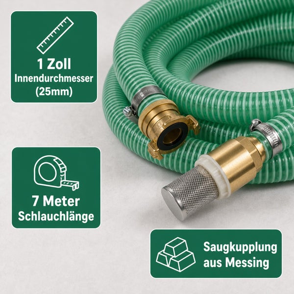 Saugschlauch 1 Zoll mit 7 Meter Laenge, Messing Saugkupplung und Ansaugkorb fuer Pumpen.