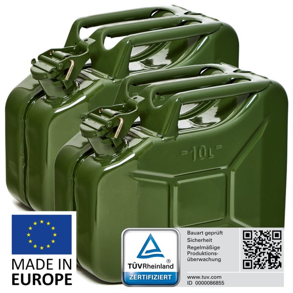 BW® Kraftstoffkanister Metall Benzinkanister 2x 10 Liter - Olivgrün - RAL 6003 - TÜV-geprüft und UN-Zulassung - Made in Europe