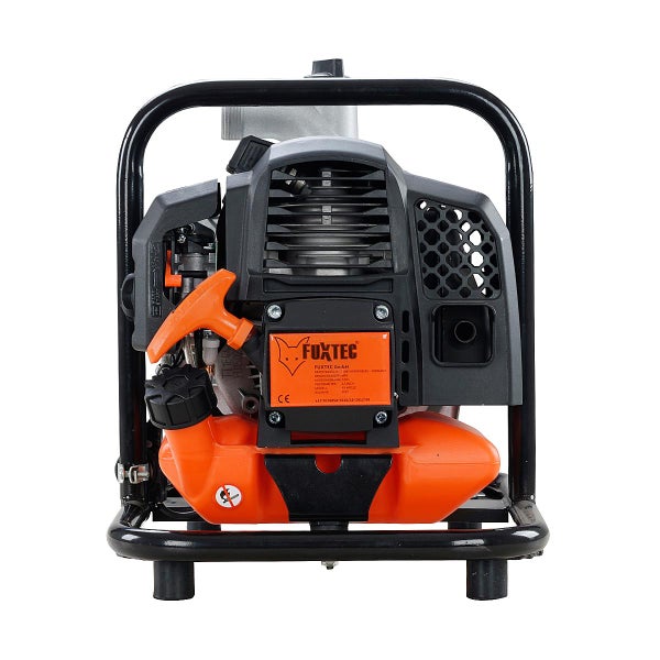 Benzin-Wasserpumpe von Fuxtec mit Metallrahmen, Motor und orangefarbenem Kraftstofftank.