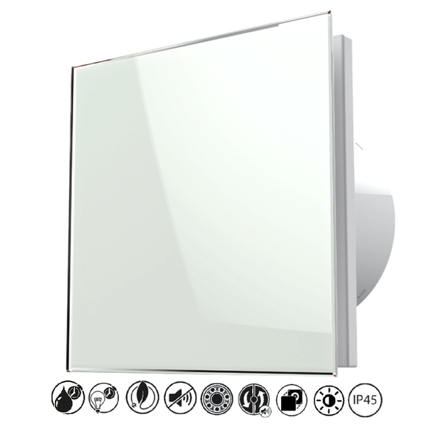 Badventilator mit weißer Glasfront, Feuchtigkeitssensor, Nachlauf, Lichtsensor, kugelgelagert, Rückschlagklappe, leise, energiesparend und Schutzart IP45.