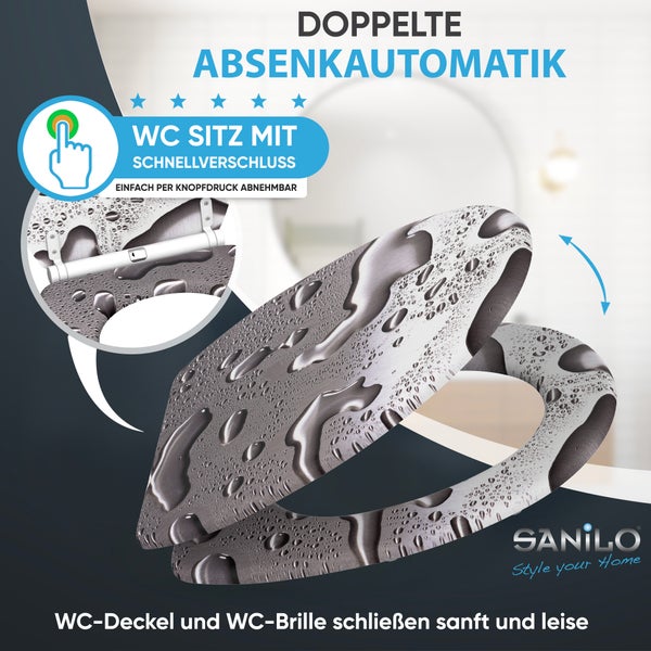 WC-Sitz Sanilo mit Wassertropfen-Dekor, doppelter Absenkautomatik und Schnellverschluss zum Abnehmen per Knopfdruck. SANILO Logo.