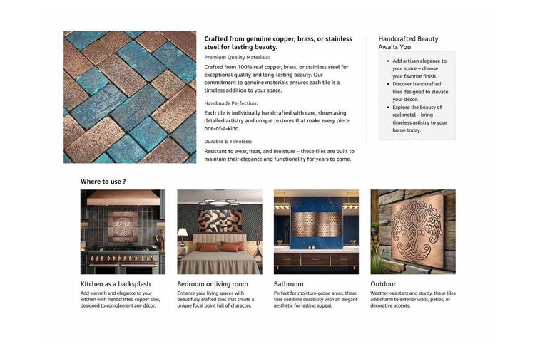 Produktinformationen über handgefertigte Kupfer-, Messing- oder Edelstahlfliesen und ihre Verwendung in Küche, Bad, Wohnzimmer oder im Freien.