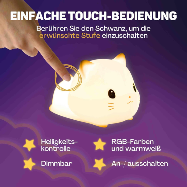 LED Nachtlicht in Katzenform mit Touch Bedienung am Schwanz, dimmbar, mit Helligkeitssteuerung sowie RGB Farben und warmweißem Lichtmodus.