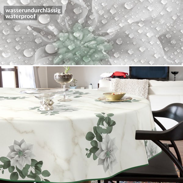 Wasserundurchlässige Tischdecke mit Marmor- und Blumendesign auf einem Tisch