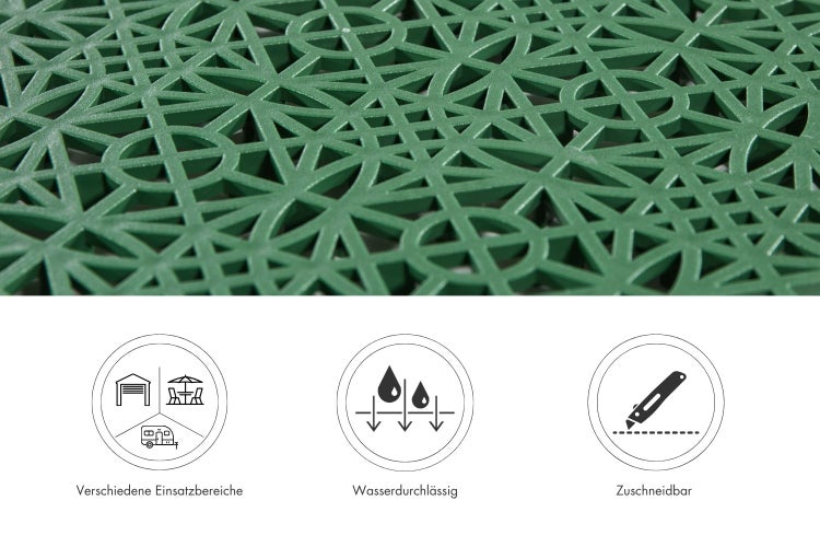 Kunststoff-Bodenfliese mit geometrischem Muster, geeignet für Garagen, Terrassen und Camping, wasserdurchlässig und individuell zuschneidbar.