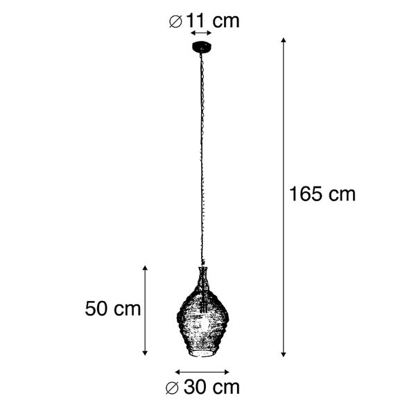Abmessungen der Pendelleuchte mit einem Durchmesser von 30 cm und einer Höhe von 50 cm, die Gesamtlänge beträgt 165 cm und der Baldachin hat einen Durchmesser von 11 cm.