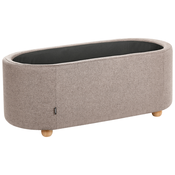 Ovale gepolsterte Sitzbank mit Stauraum und runden Holzfüßen.