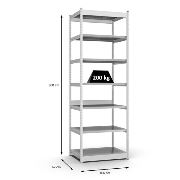 PROREGAL Fachbodenregal Stecksystem Vierkant-Profil Grundregal HxBxT 300 x 102,5 x 60 cm 7 Ebenen Einseitige Bauart Fachlast 200 kg Lichtgrau