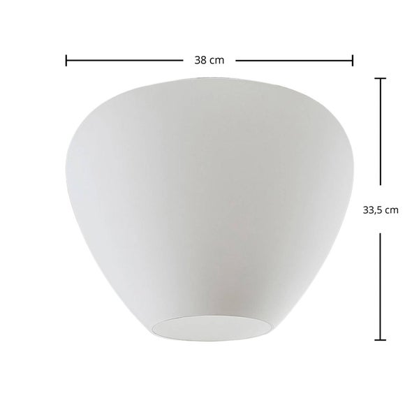 Lampenschirm mit Maßen: Breite 38 Zentimeter, Höhe 33,5 Zentimeter.