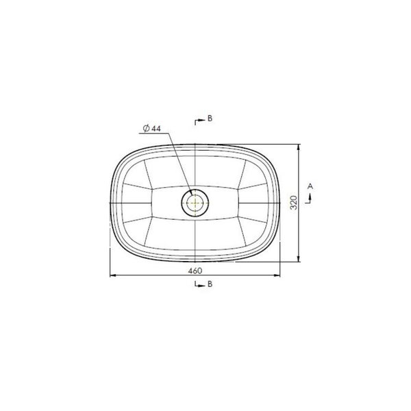 Technische Zeichnung Waschbecken, rechteckig mit abgerundeten Ecken, Draufsicht, 460 mal 320 Millimeter, Durchmesser 44 Millimeter.