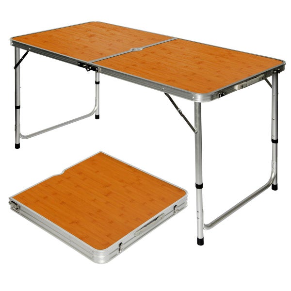 AMANKA klappbarer höhenverstellbarer Campingtisch 120x60x70cm inkl. 4 Falthocker Campingtischset Kofferformat Bambus