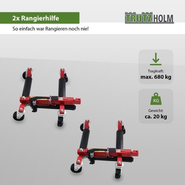 Zwei Trutzholm Rangierhilfen mit hydraulischem Wagenheber zum einfachen Bewegen von Fahrzeugen, maximale Tragkraft 680 Kilogramm pro Stück.