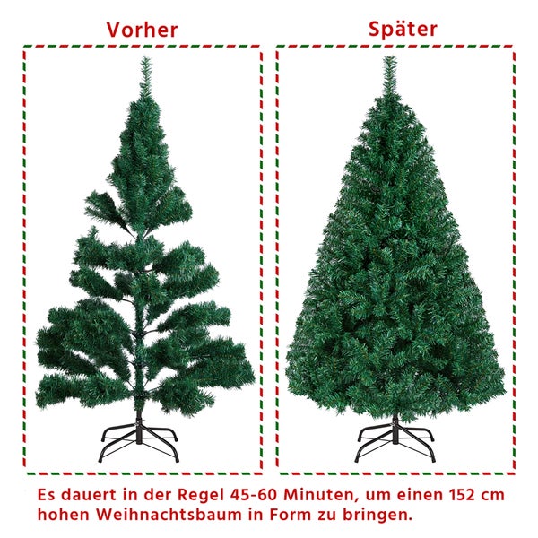 Vorher und nachher Darstellung eines künstlichen Weihnachtsbaums mit einer Höhe von 152 Zentimetern.
