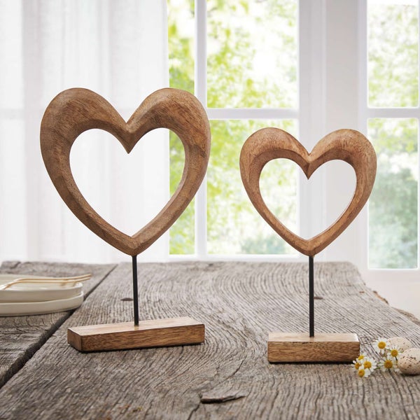 FRANK FLECHTWAREN | Holzdeko Herz, 2er Set, MANGOHOLZ, METALL, 16 x 6 x 25 cm, 21 x 6 x 31 cm
