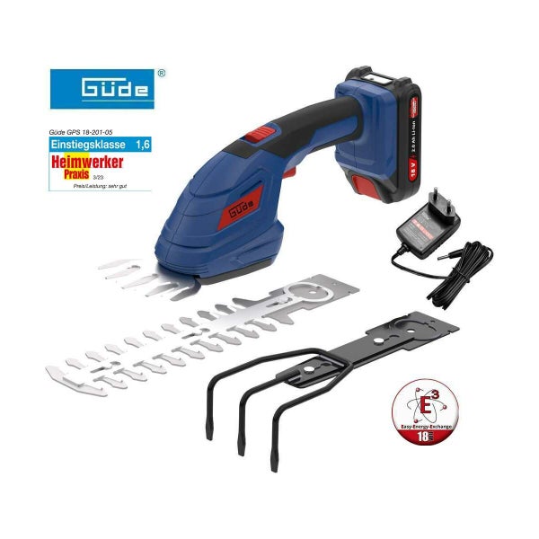 Güde Akku-Gartenschere GPS 18-201-05 Set inklusive Grasschere, Heckenschere, Bodenhacke, 18-Volt-Akku und Ladegerät.