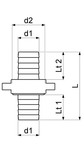 Technische Zeichnung eines Schlauchverbinders mit Bemaßung für Durchmesser und Länge.