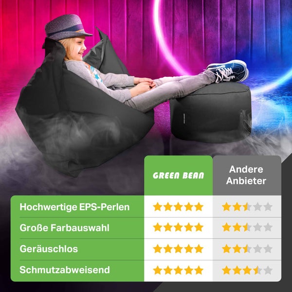 Green Bean Sitzsack-Hocker 45x25cm mit EPS-Perlen Füllung - Fußhocker Fußkissen Sitz-Pouf für Sitzsäcke - Bodenkissen für Kinder und Erwachsene - Fußablage Sitzkissen Sitzhocker Schwarz