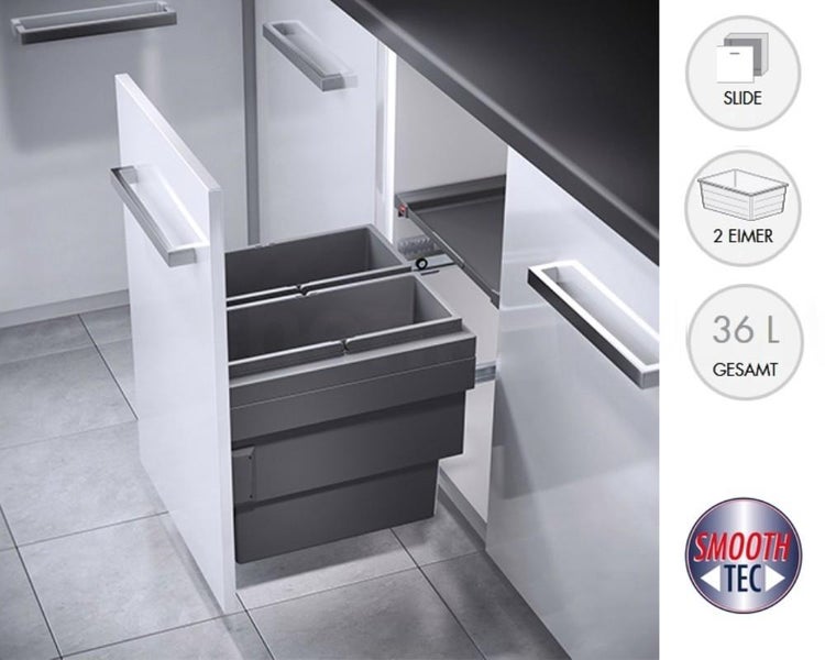 Abfallsammler mit zwei Eimern und 36 Liter Gesamtvolumen, Auszugsystem für Küchenunterschränke mit Smooth Tec Dämpfung für sanftes Schließen.