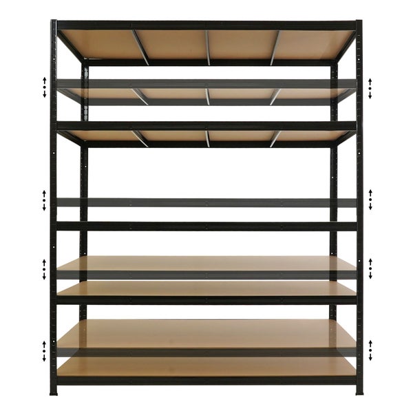 Schwerlastregal aus schwarzem Metall mit höhenverstellbaren Holzböden.