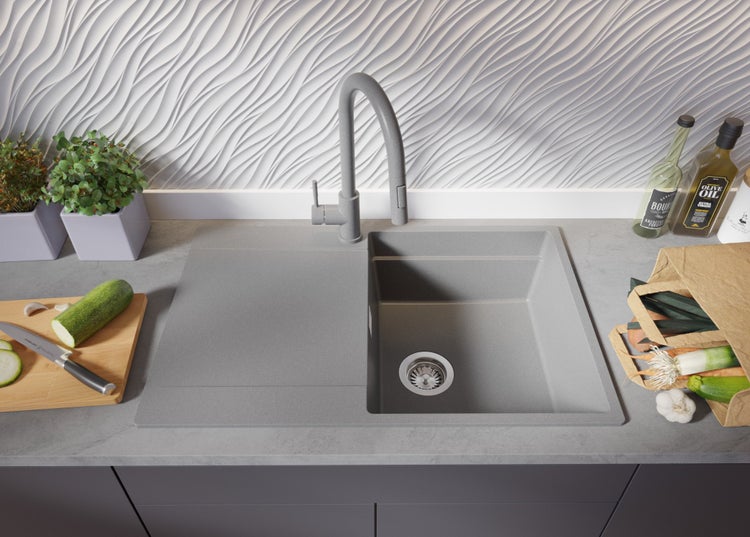 PRIMAGRAN Spülbecken Grau 78x50cm, Granitspüle 1 Becken + Ablauf-Set + Aufrollbare Abtropffläche, Küchenspüle ab 50er Unterschrank - San Francisco