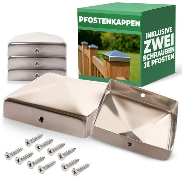 Set aus fünf Edelstahl-Pfostenkappen in Pyramidenform inklusive zehn passender Schrauben zur Befestigung an Zaunpfosten.